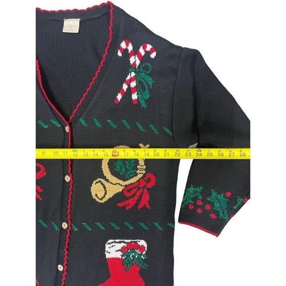 Vintage Style Studio Ugly Christmas Metallic Black Red Gold Cardigan Sweater 1X - Picture 5 of 6